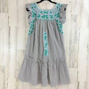 Mi Golondrina Sz S Short Dress Gray Stripe Green Hand Embroidered Mexico